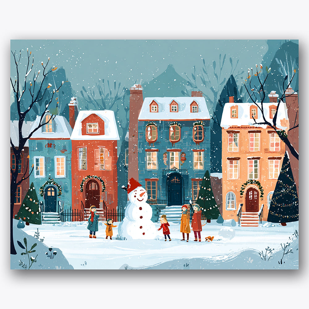 Paint by numbers design of snowman, children, snow-covered roofs, decorated doorways