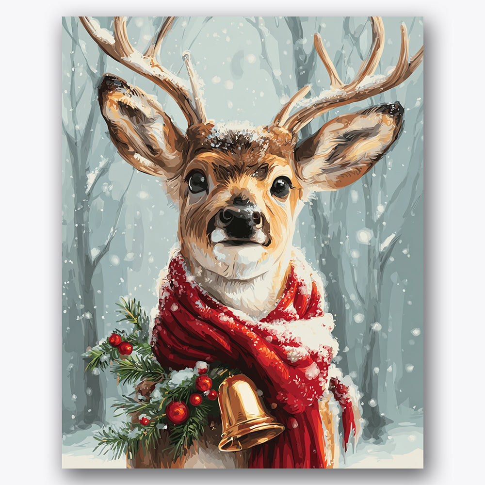 Paint by numbers design of reindeer, red scarf, red scarf detail, snowy antlers