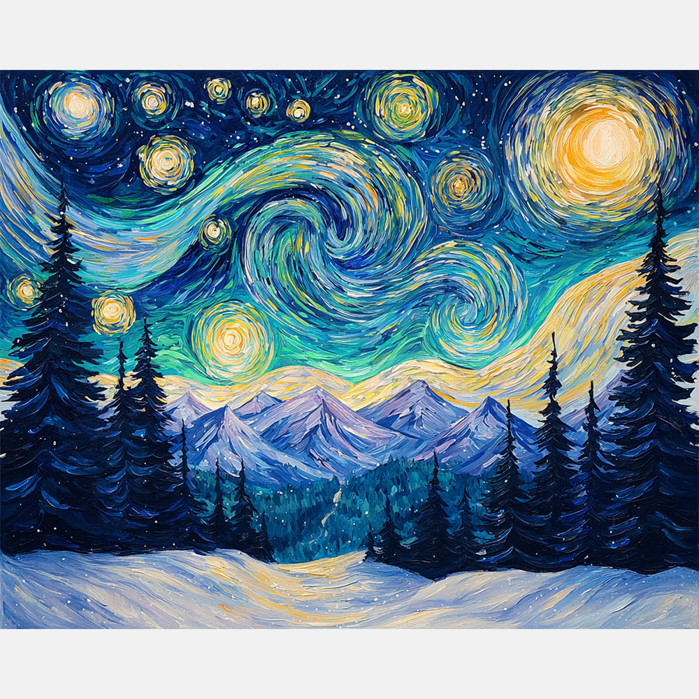 Christmas Starry Night Paint by Numbers Kit design preview showing the full artwork layout before painting