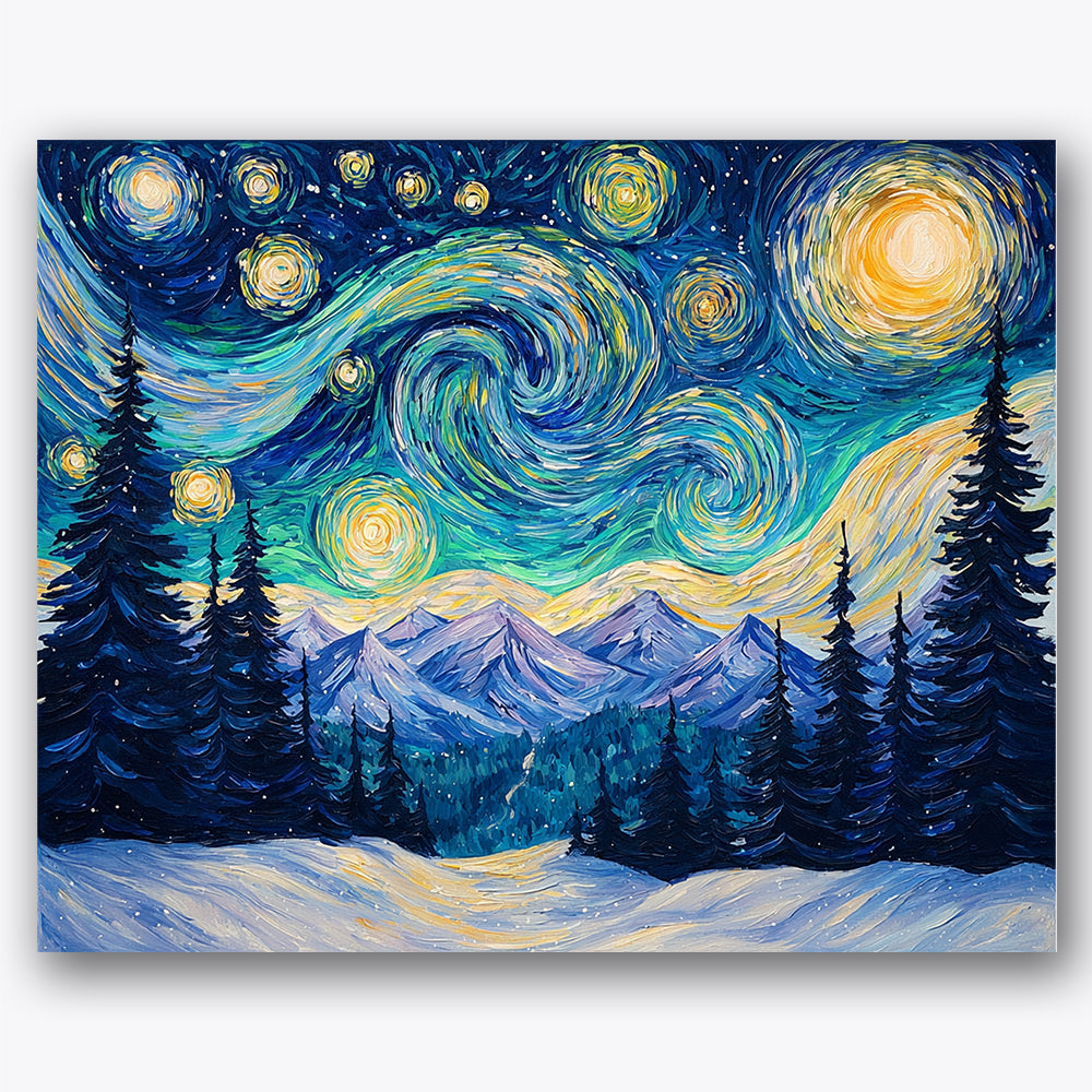 Paint by numbers design of swirling stars, snowy mountains, vivid swirling stars, snowy mountain peaks