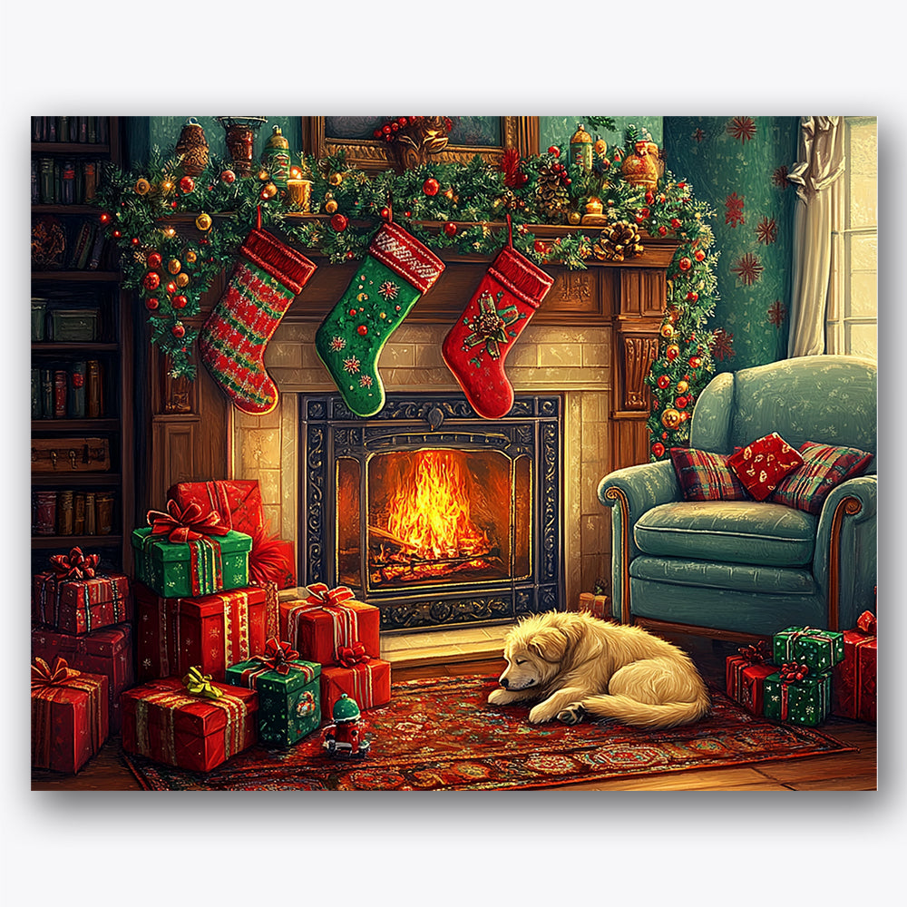 Paint by numbers design of fireplace, dog, glowing fireplace, stockings on mantle
