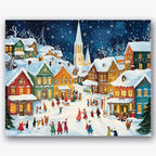 Paint by numbers design of festive village, people celebrating, snow-covered rooftops, illuminated windows