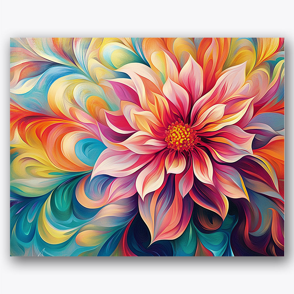 Paint by numbers design of flower, swirling patterns, curved petals, vivid hues, A vivid flower with swirling