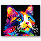Paint by numbers design of cat, vibrant fur colors, bright green eyes, A cat painted in bright