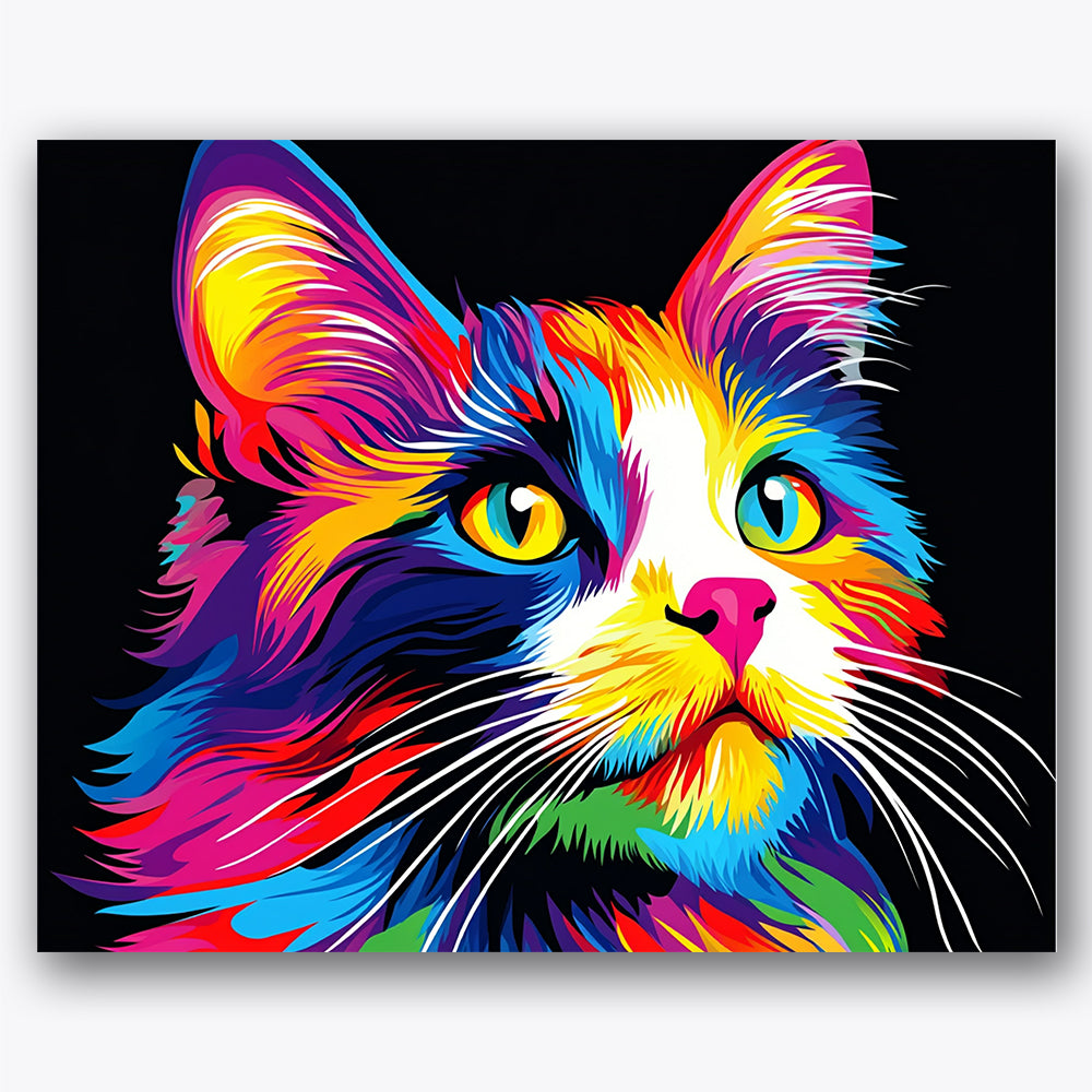 Paint by numbers design of cat, vibrant fur colors, bright green eyes, A cat painted in bright