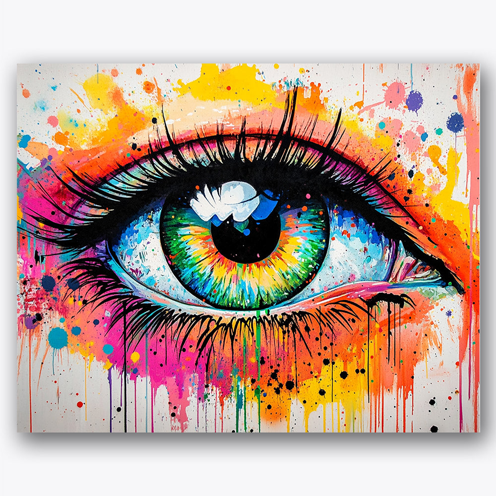 Paint by numbers design of eye, color splashes, colorful eye iris, splash background