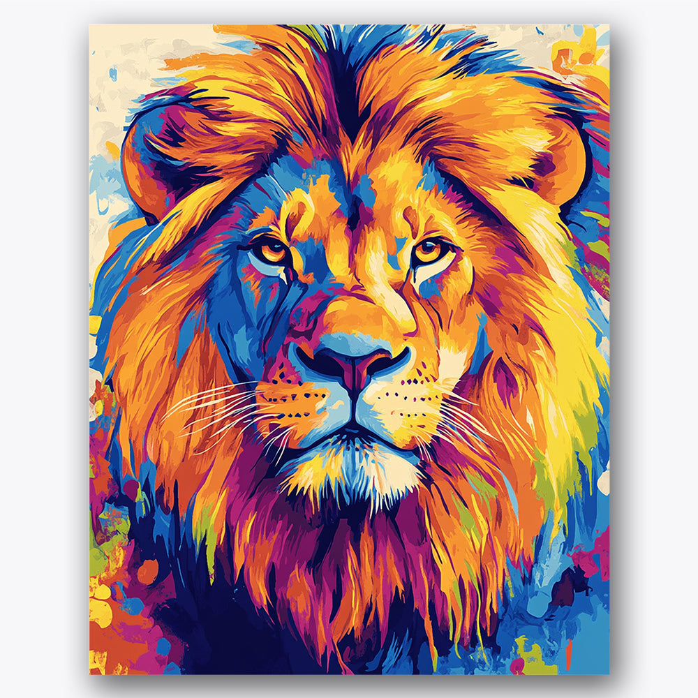 Paint by numbers design of lion, colors, vivid lion mane, expressive eyes, A colorful and bold depiction of a lion's face