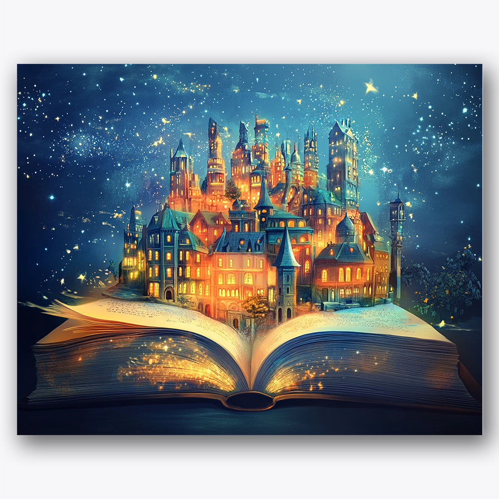 Paint by numbers design of glowing city, open book, glowing windows, towers and spires