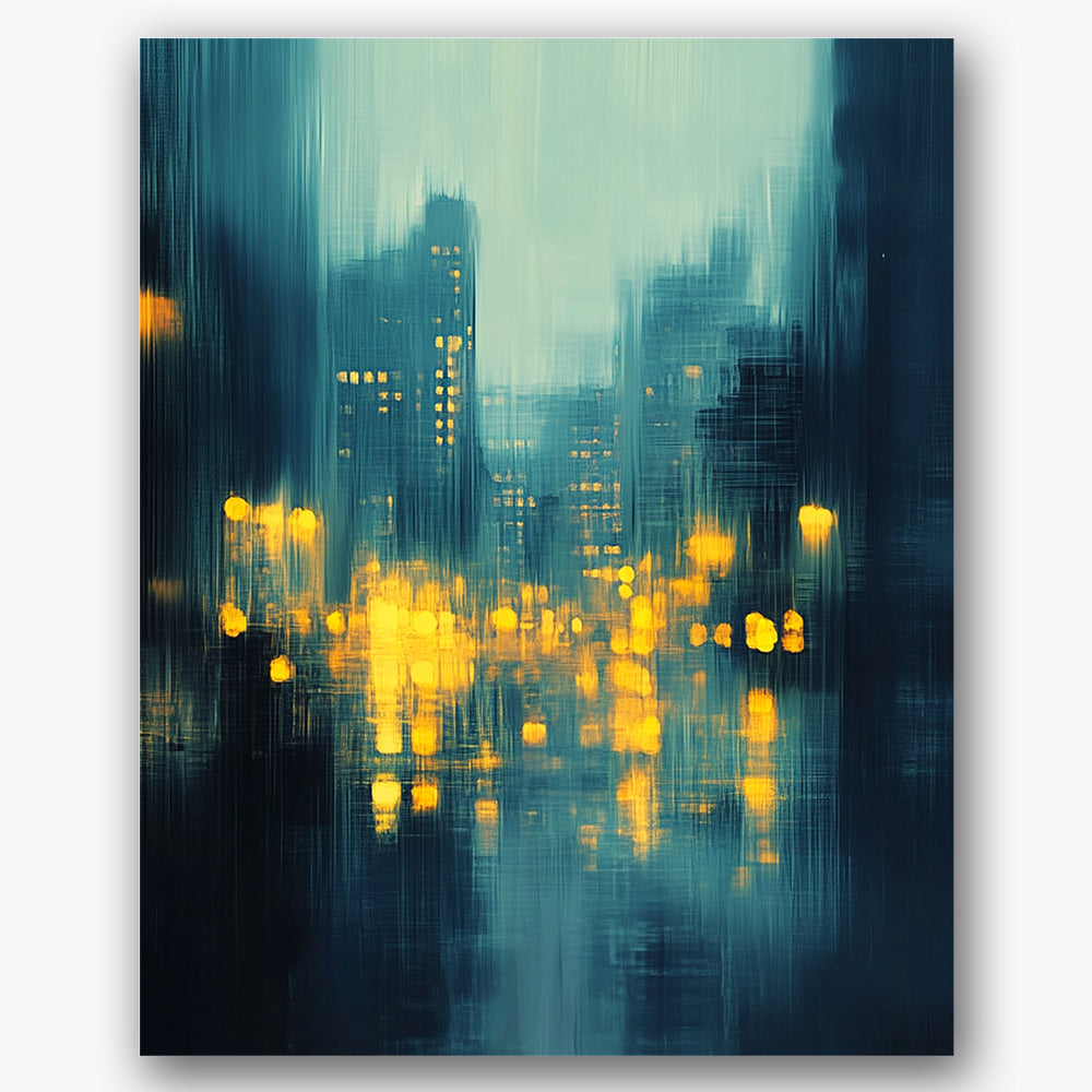 Paint by numbers design of city skyline, reflected lights, blurred city lights, bold vertical brushstrokes