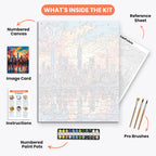 City Skyline Sunset Paint by Numbers Kit – includes numbered canvas, paint pots, brushes, and instructions