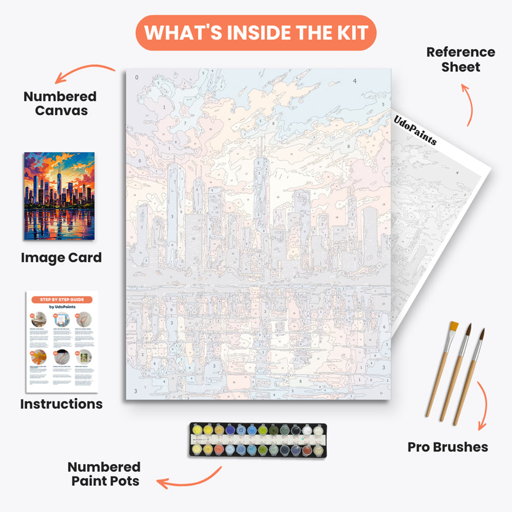 City Skyline Sunset Paint by Numbers Kit – includes numbered canvas, paint pots, brushes, and instructions