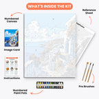 Cliffside Serenity Paint by Numbers Kit – includes numbered canvas, paint pots, brushes, and instructions