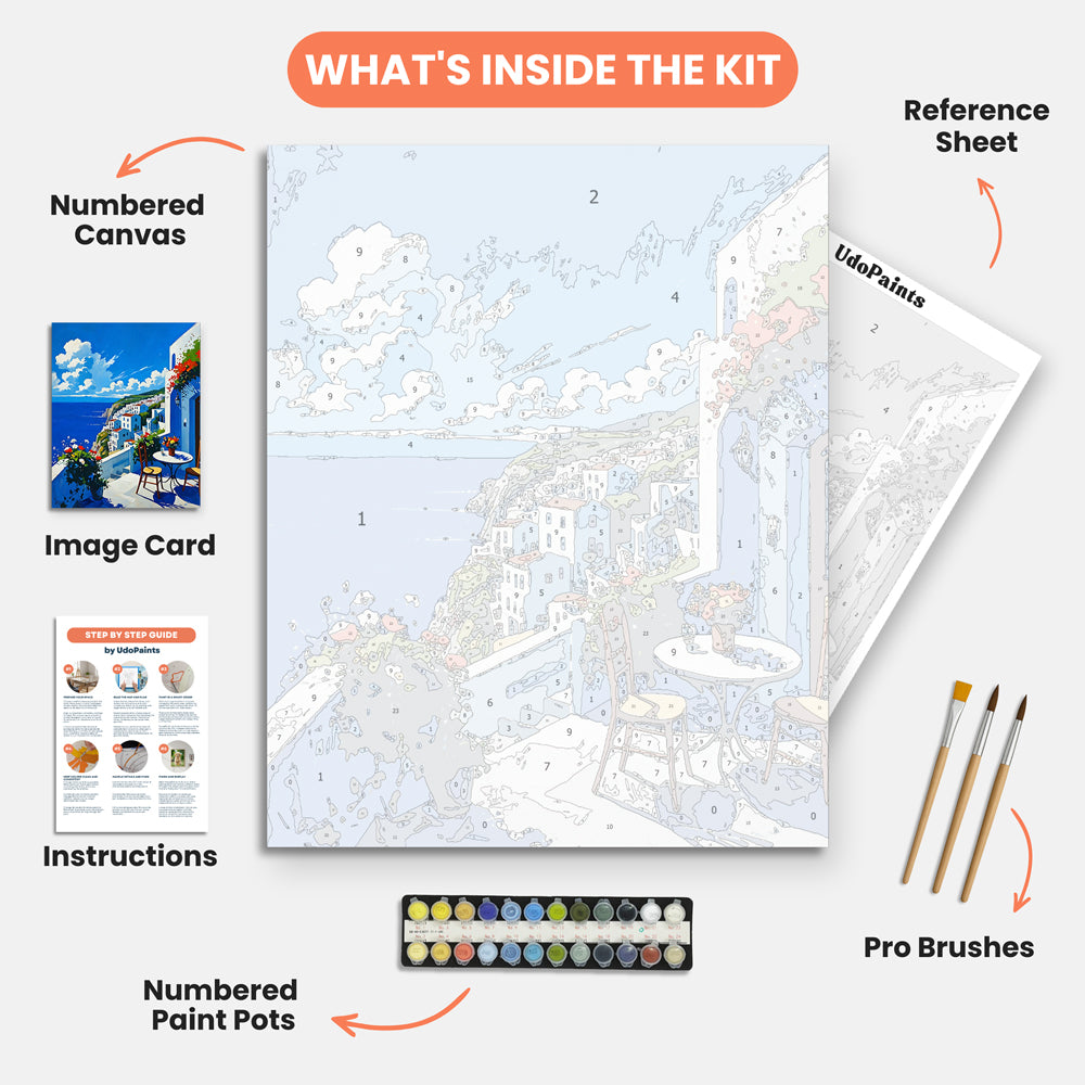 Cliffside Serenity Paint by Numbers Kit – includes numbered canvas, paint pots, brushes, and instructions