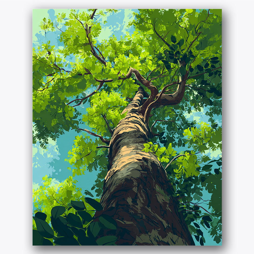 Paint by numbers design of tree, sunlit leaves, towering tree trunk, sunlit leaves