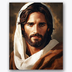 Paint by numbers design of man, white cloak, textured brown background, flowing white cloak