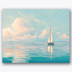 Paint by numbers design of sailboat, fluffy clouds, fluffy pastel clouds, white sails of the boat