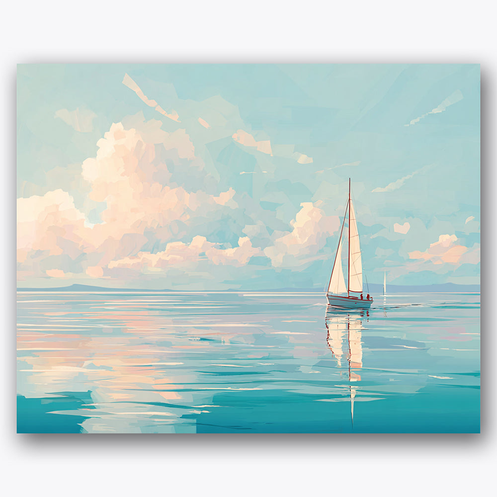 Paint by numbers design of sailboat, fluffy clouds, fluffy pastel clouds, white sails of the boat