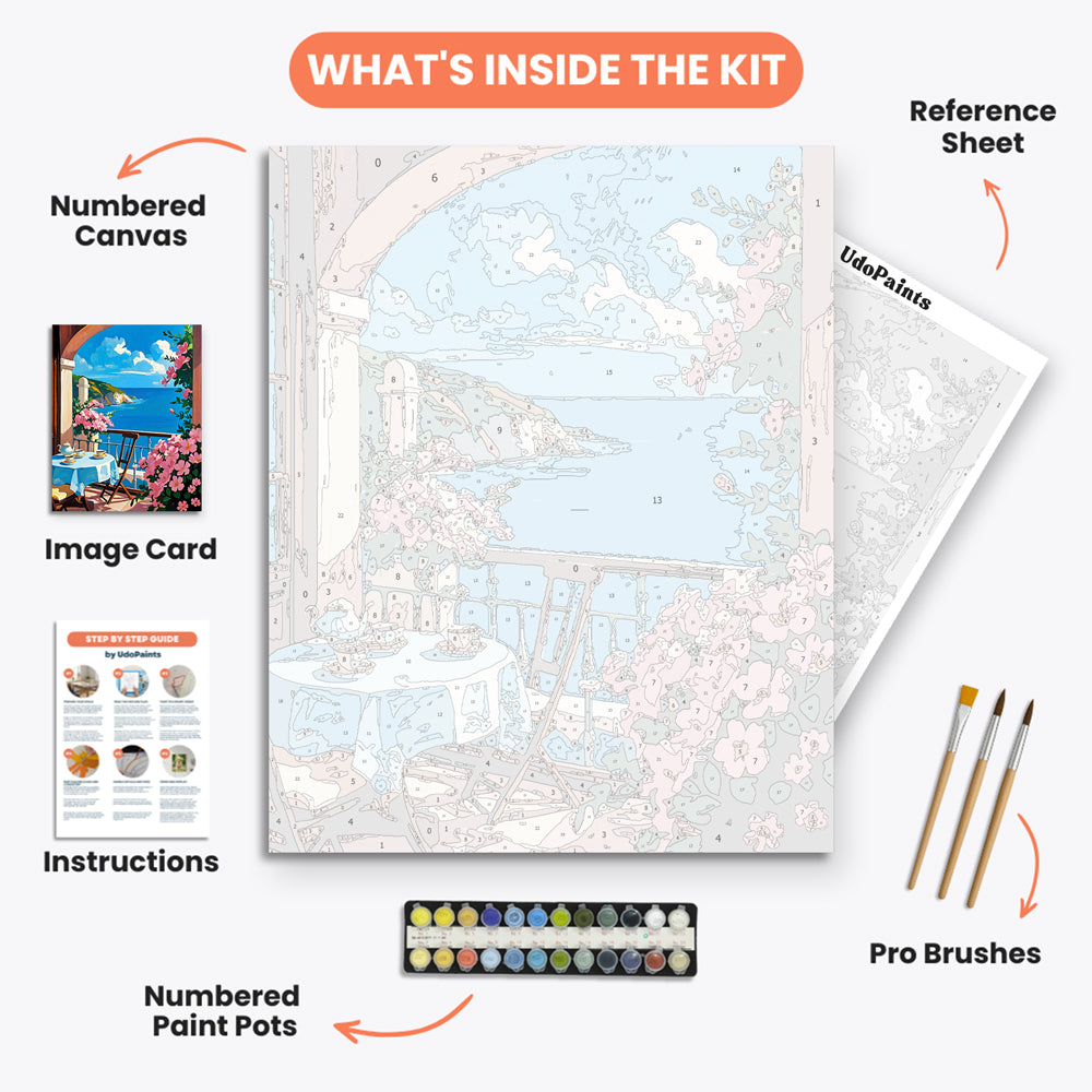 Coastal Balcony Retreat Paint by Numbers Kit – includes numbered canvas, paint pots, brushes, and instructions