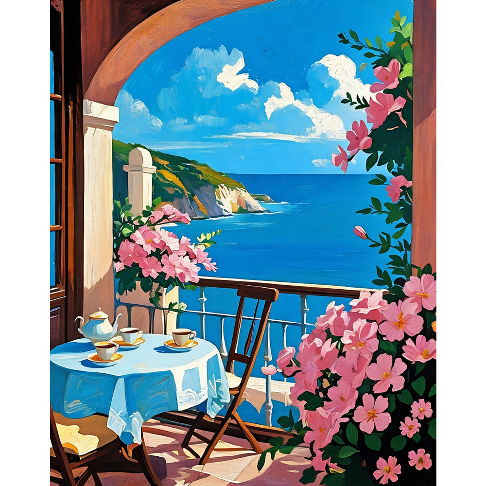 Coastal Balcony Retreat Paint by Numbers Kit design preview showing the full artwork layout before painting