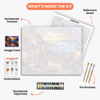 Coastal City Dusk Paint by Numbers Kit – includes numbered canvas, paint pots, brushes, and instructions