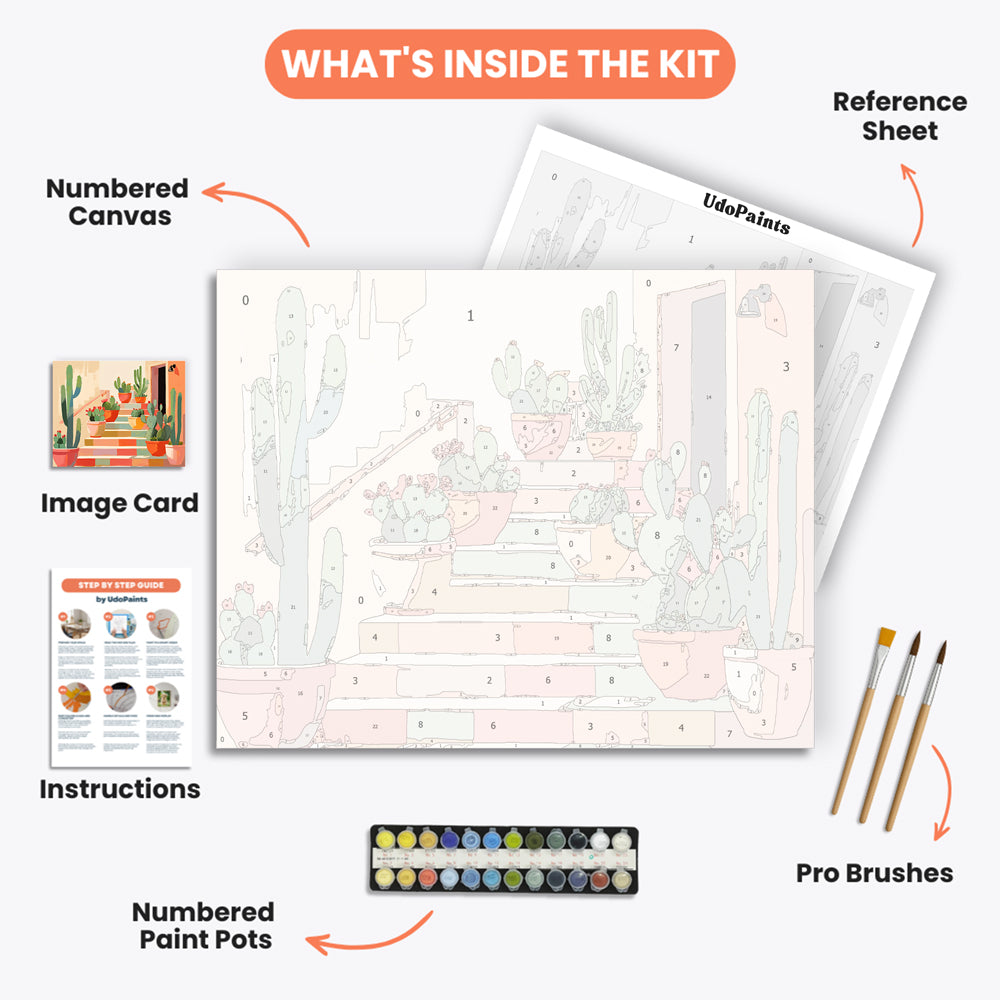 Colorful Cactus Terrace Paint by Numbers Kit – includes numbered canvas, paint pots, brushes, and instructions