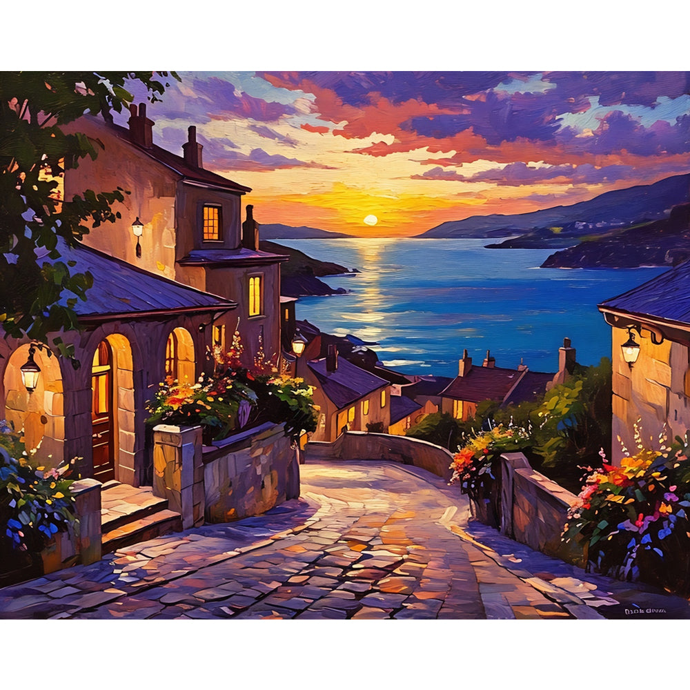 Coastal City Dusk Paint by Numbers Kit design preview showing the full artwork layout before painting