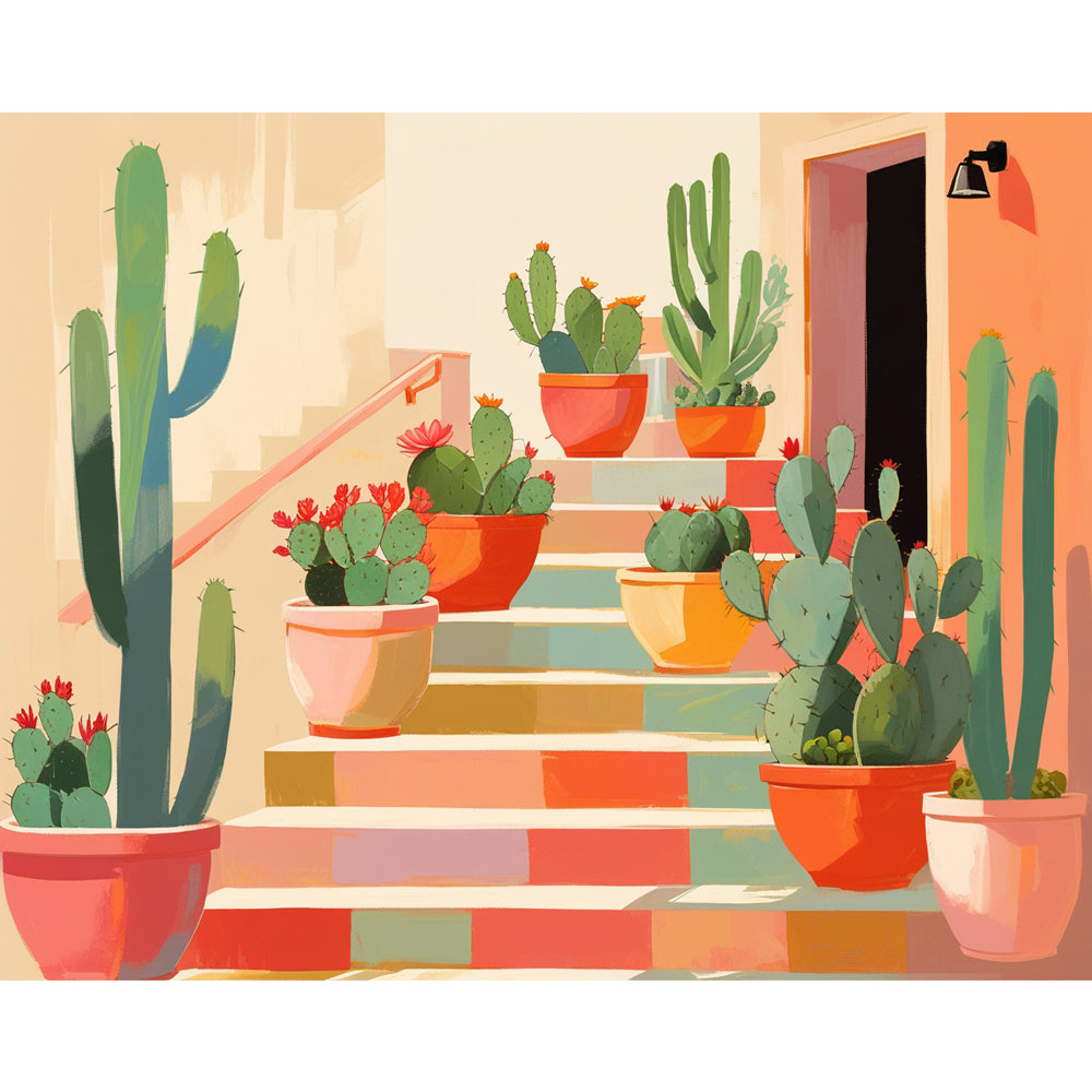 Colorful Cactus Terrace Paint by Numbers Kit design preview showing the full artwork layout before painting