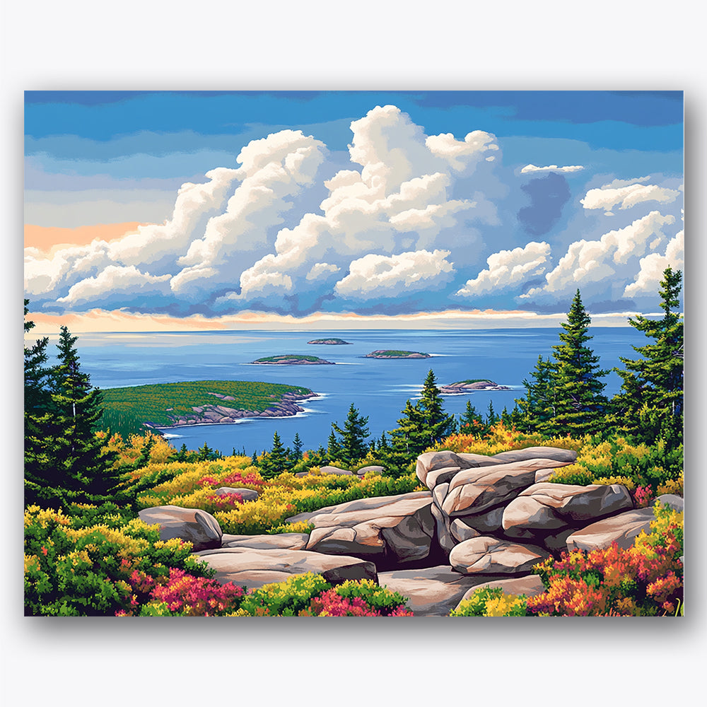 Paint by numbers design of rocky cliffs, ocean view, puffy clouds, rocky foreground, Majestic island view with rocky cliffs