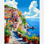 Coastal Village Cascade Paint by Numbers Kit design preview showing the full artwork layout before painting