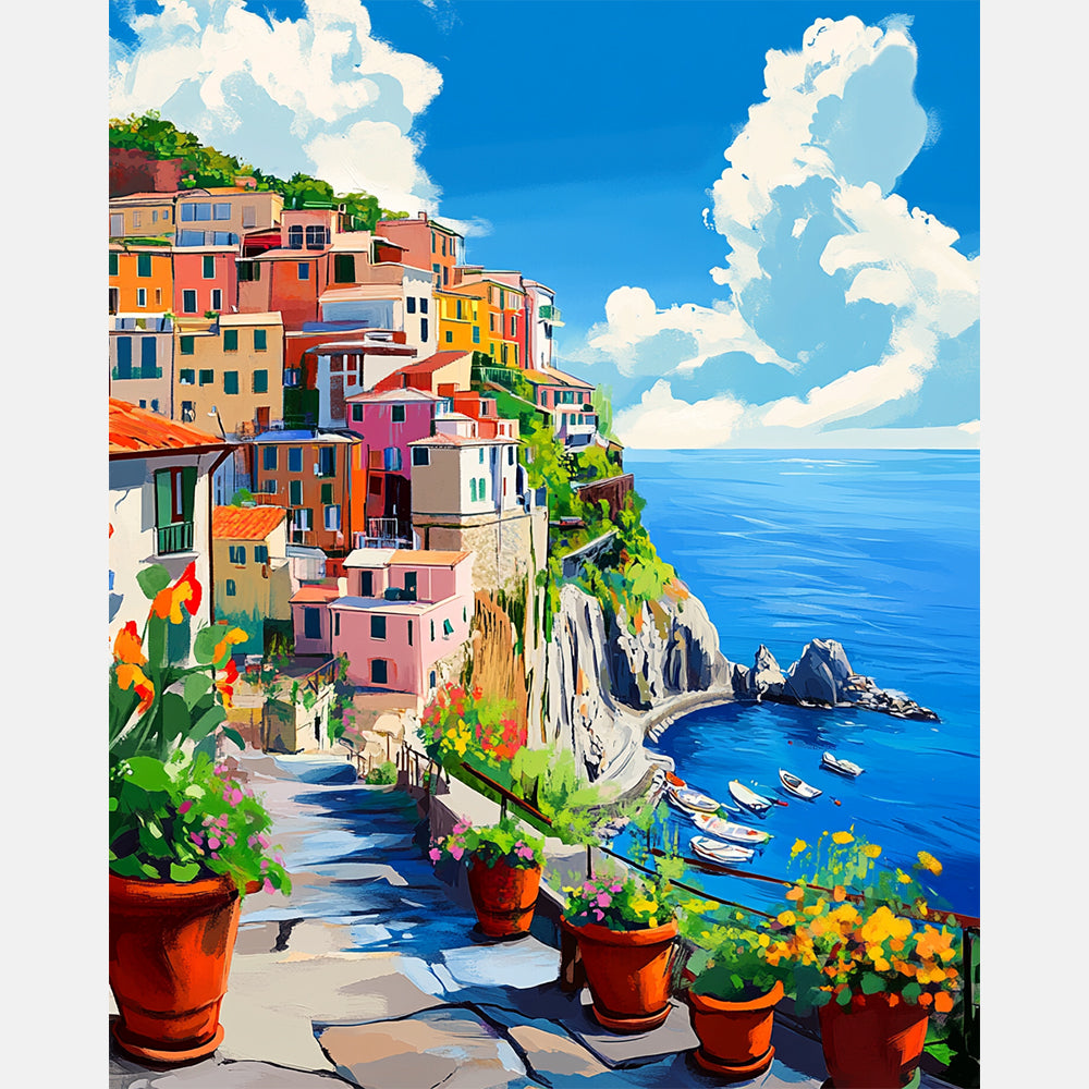 Coastal Village Cascade Paint by Numbers Kit design preview showing the full artwork layout before painting