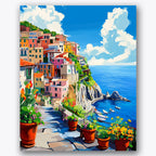 Paint by numbers design of seaside village, boats, colorful cliffside houses, cerulean sea below