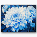 Paint by numbers design of chrysanthemums, blue petals, layered blue petals, deep blue shadows, A display of large
