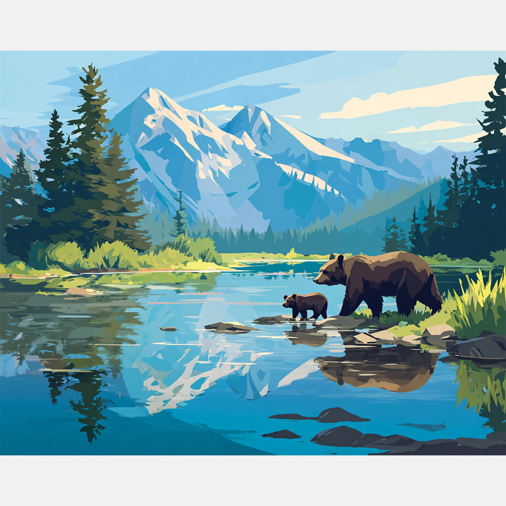Cobalt Mountain Bears Paint by Numbers Kit design preview showing the full artwork layout before painting