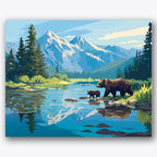 Paint by numbers design of bears, mountain lake, two bears walking, snow-capped mountains