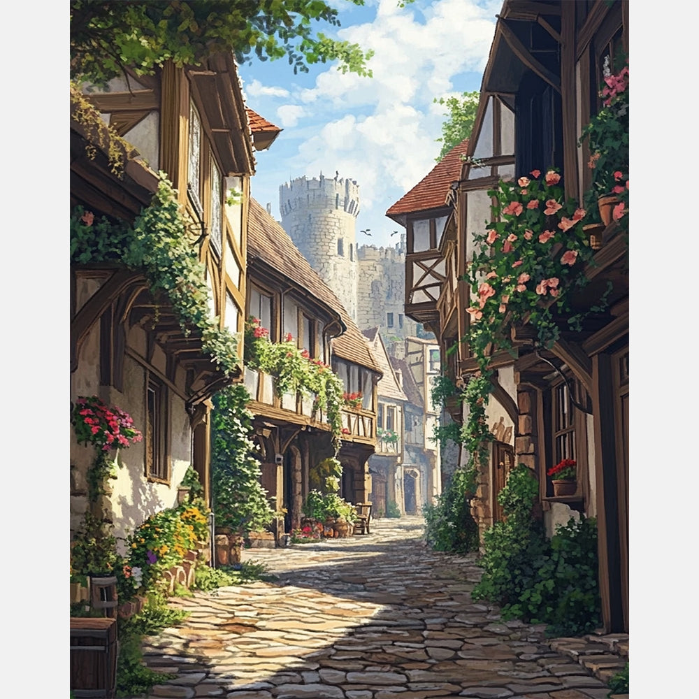 Cobblestone Alleyway Paint by Numbers Kit design preview showing the full artwork layout before painting