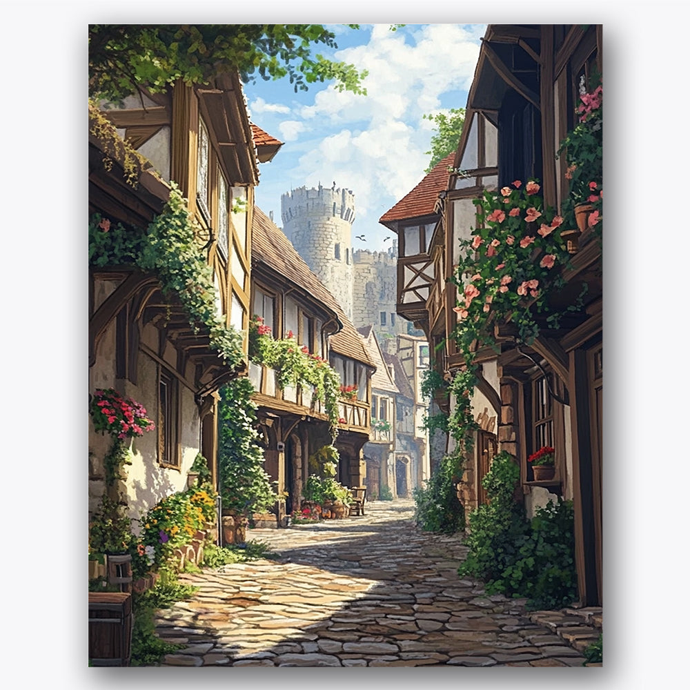 Paint by numbers design of cobblestone alley, medieval architecture, winding cobblestone path, medieval timber houses
