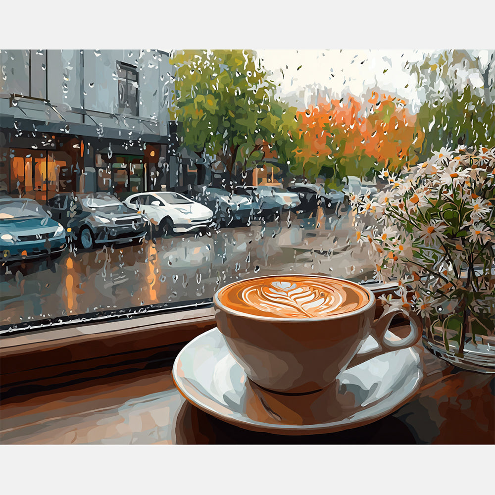Coffee on Rainy Day Paint by Numbers Kit design preview showing the full artwork layout before painting