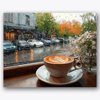 Paint by numbers design of coffee cup, rainy street, raindrops on window, latte art