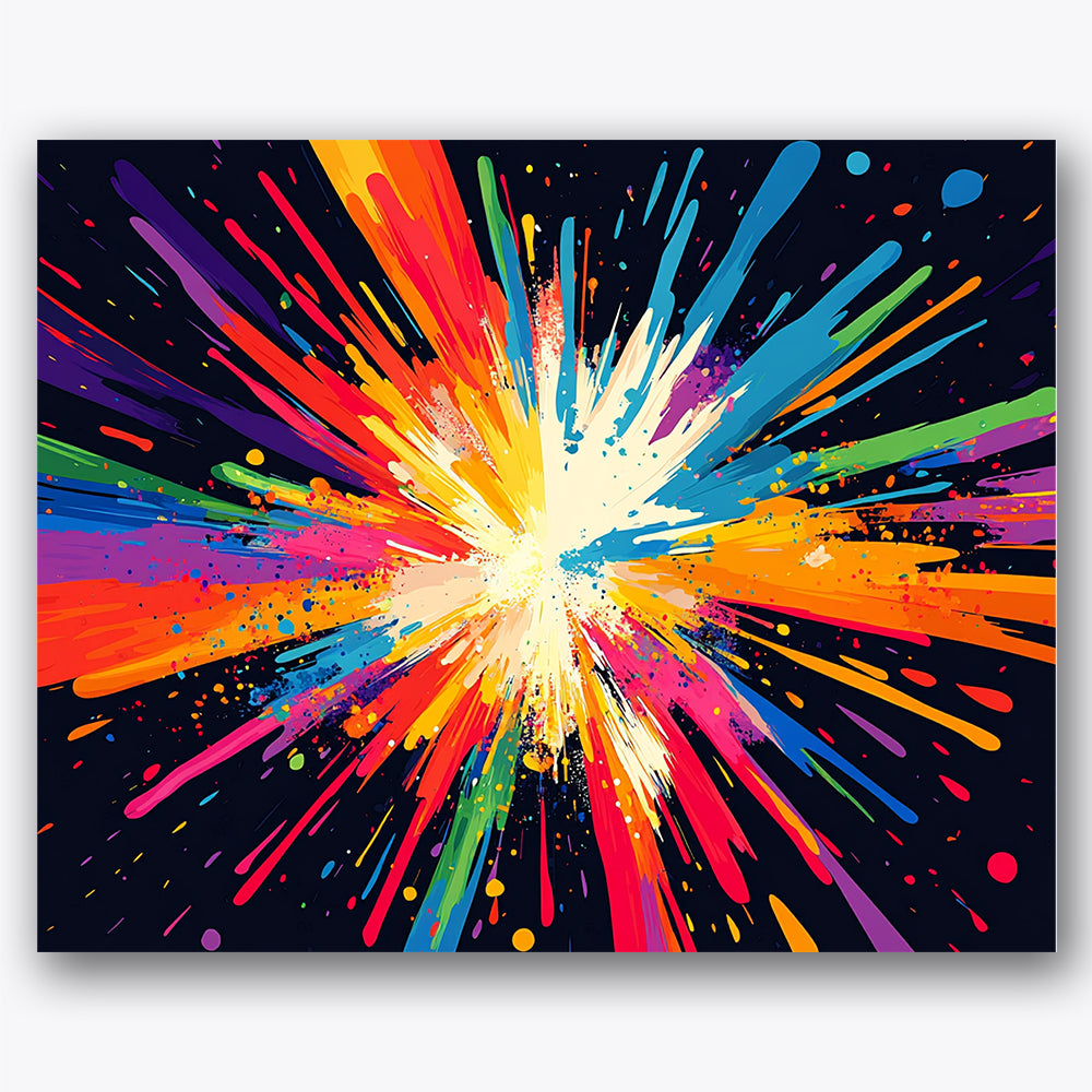 Paint by numbers design of color explosion, vibrant burst, vibrant color streaks, dark backdrop