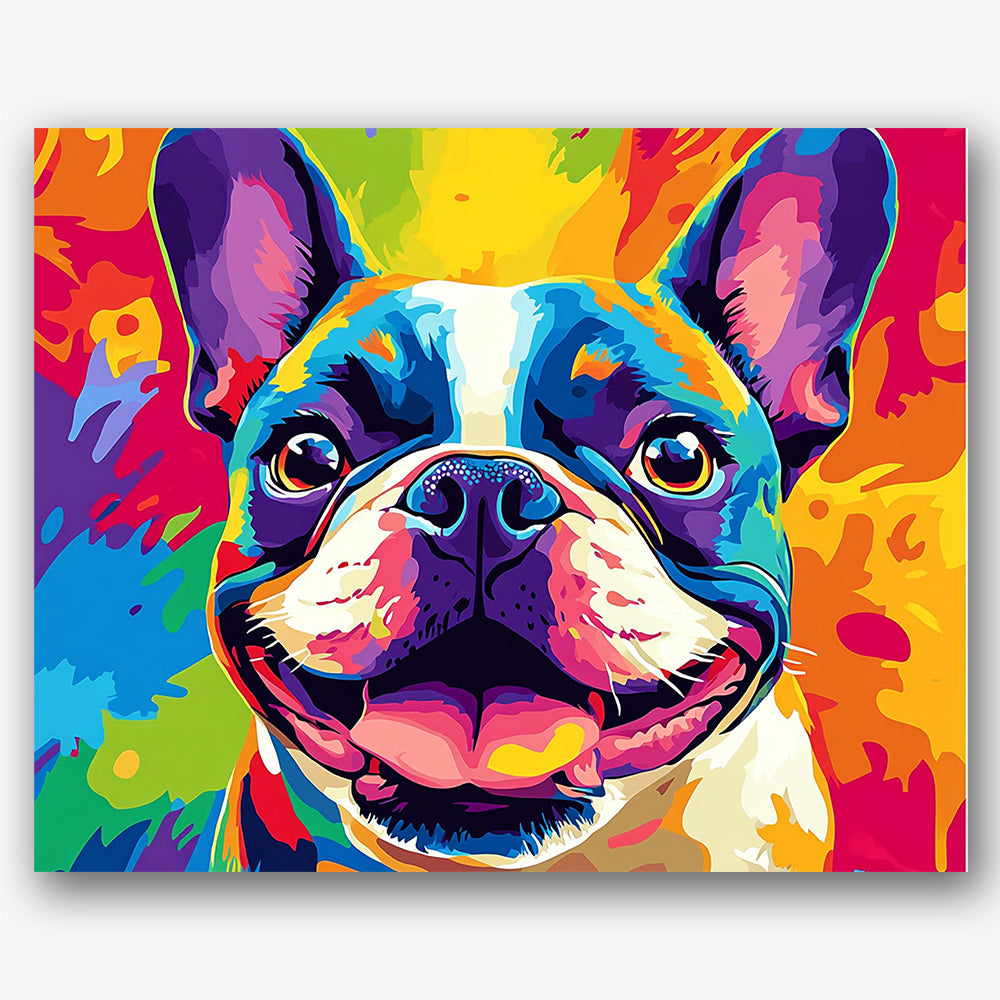 Paint by numbers design of dog, vibrant background, bold color splash, expressive dog face, A cheerful dog against a lively