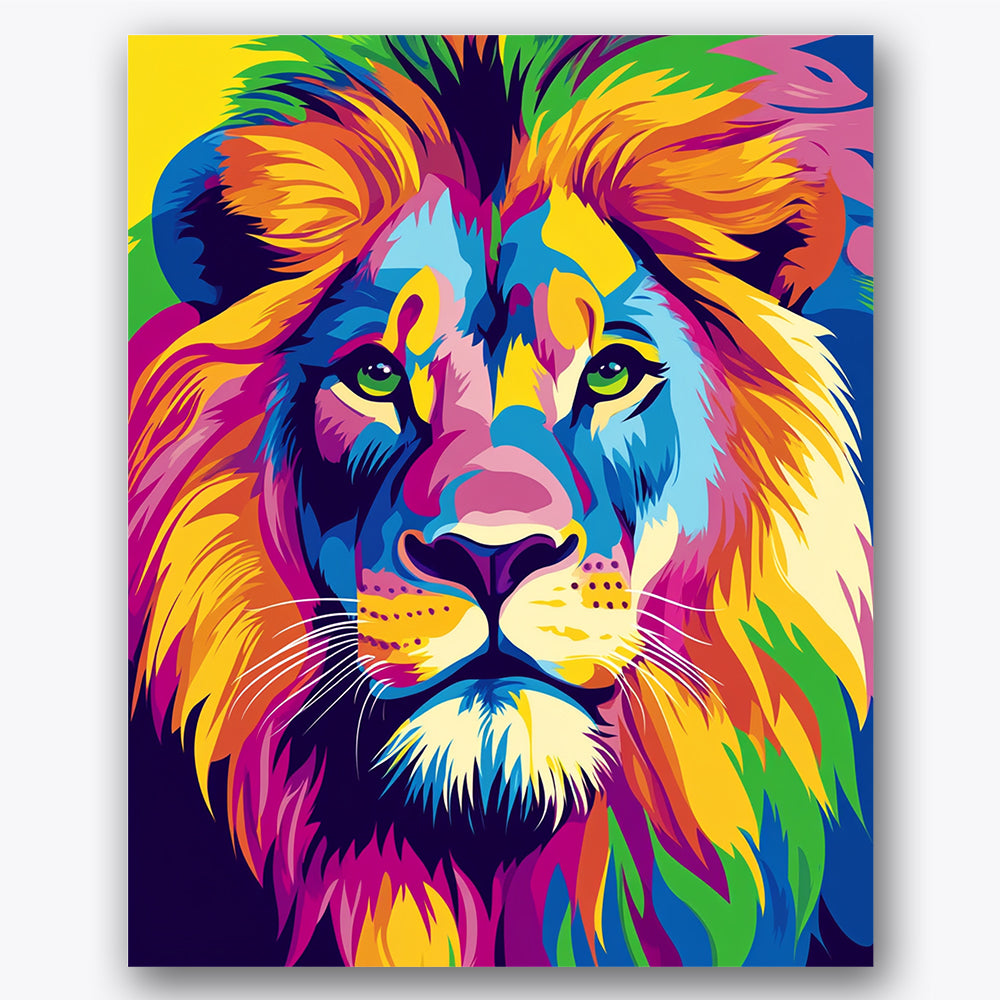 Paint by numbers design of lion, vibrant colors, bright color blocks, multicolored mane