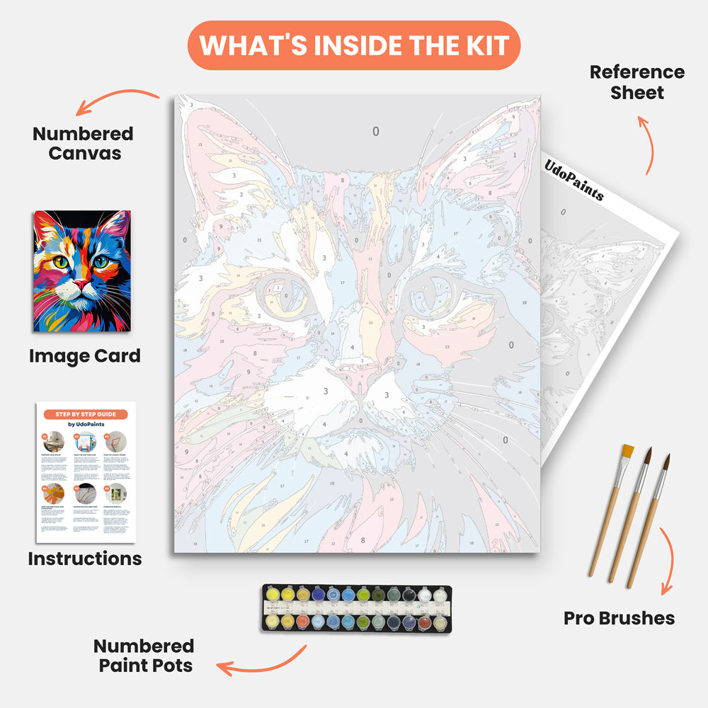 Colorful Cat Paint by Numbers Kit – includes numbered canvas, paint pots, brushes, and instructions