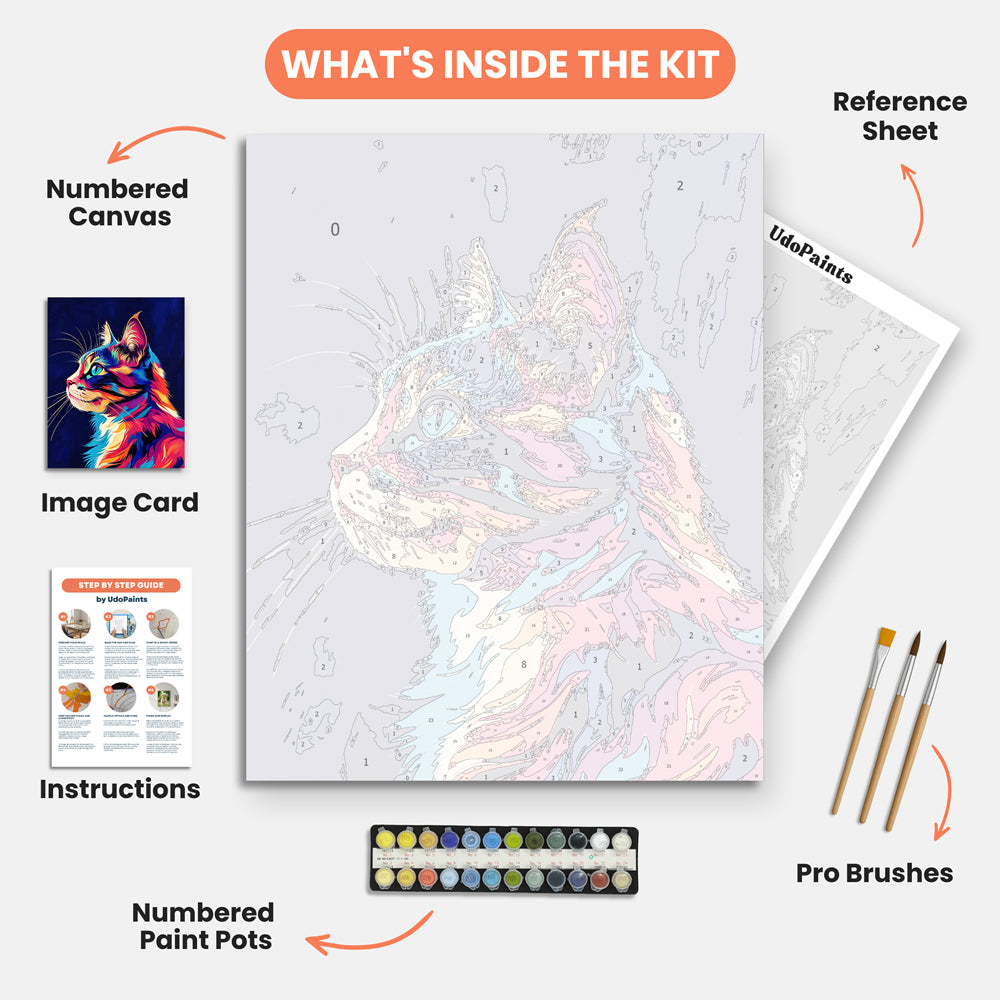 Colorful Cat Elegance Paint by Numbers Kit – includes numbered canvas, paint pots, brushes, and instructions