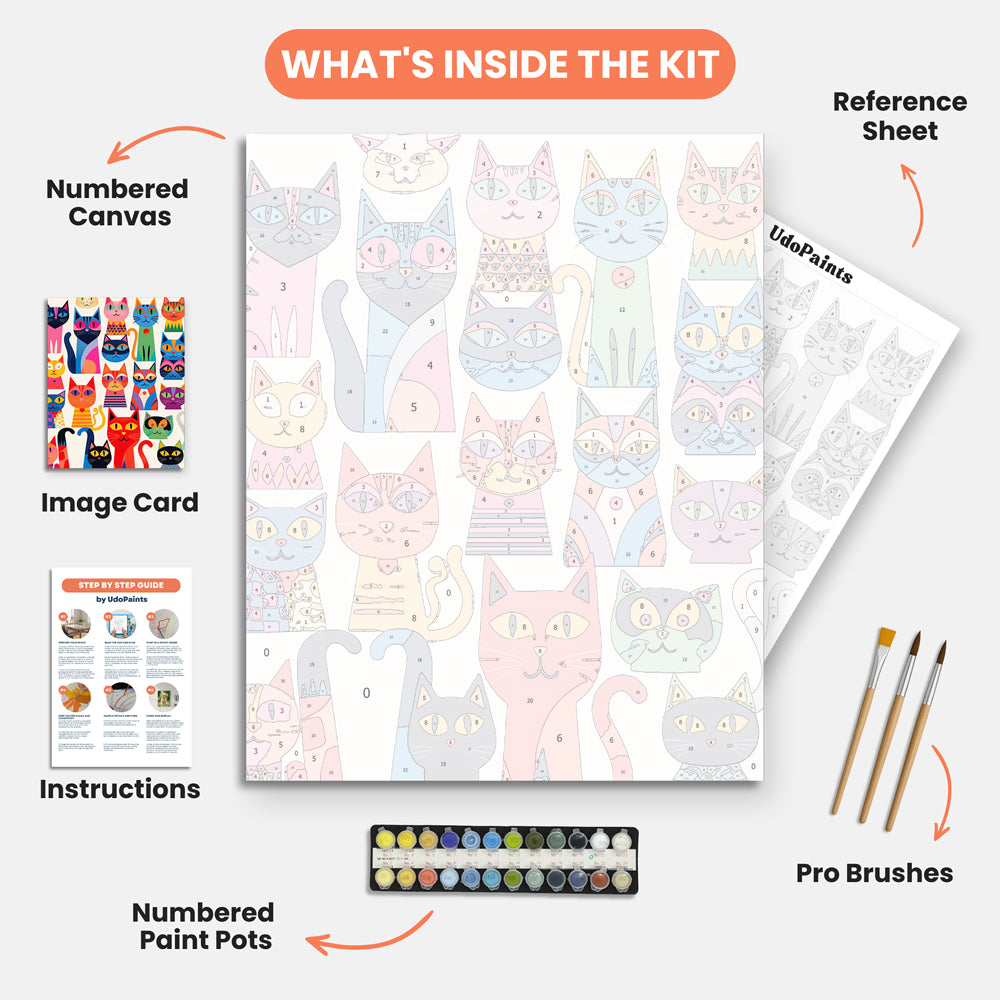 Colorful Cats Paint by Numbers Kit – includes numbered canvas, paint pots, brushes, and instructions