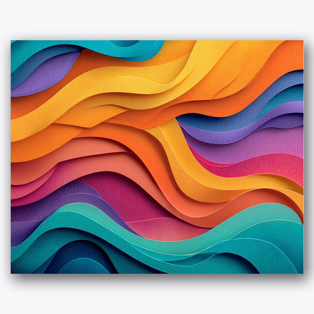 Paint by numbers design of layered waves, colorful contours, vivid color bands, flowing wave patterns