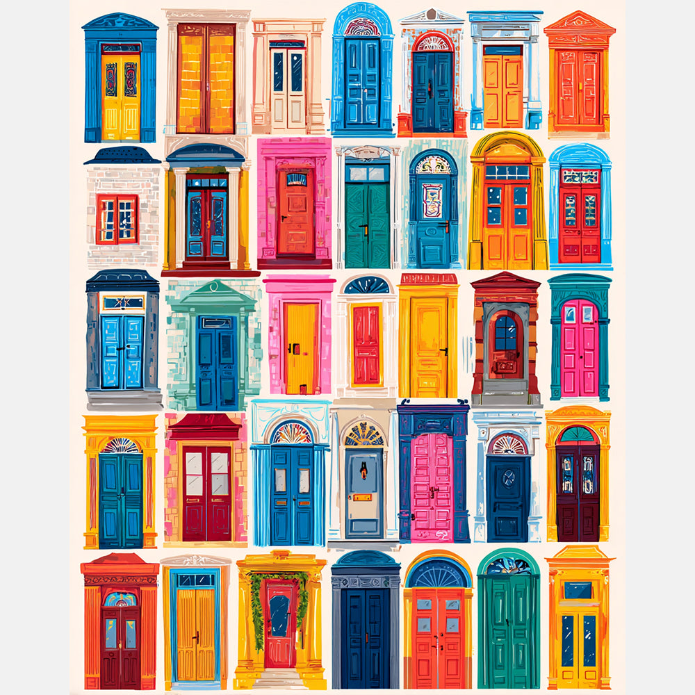 Colorful Doors Collection Paint by Numbers Kit design preview showing the full artwork layout before painting