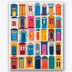 Paint by numbers design of doors, archways, vivid color palette, diverse architectural styles