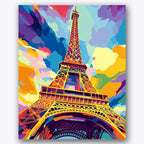 Paint by numbers design of Eiffel Tower, vibrant sky, bold color contrasts, architectural structure