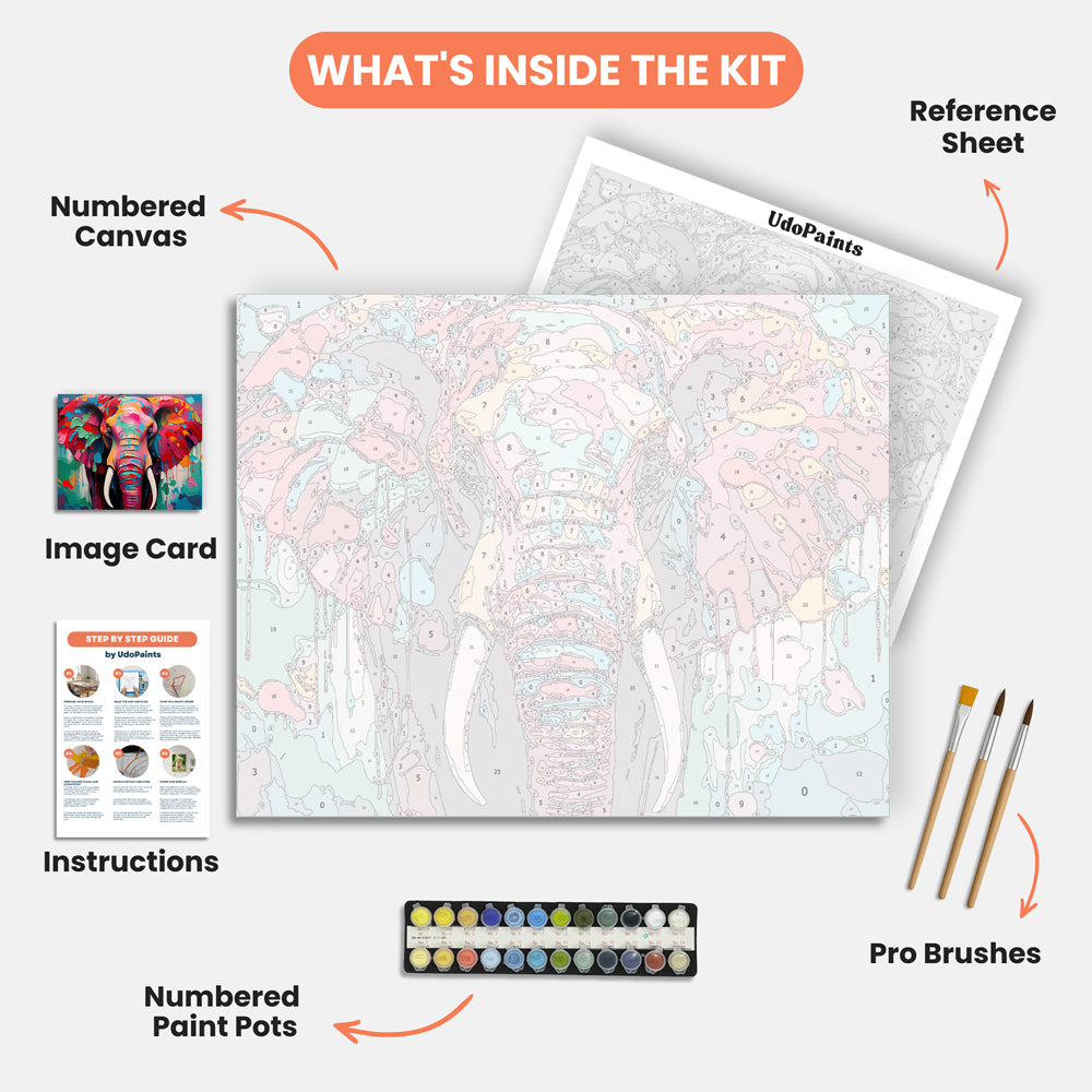 Colorful Elephant Paint by Numbers Kit – includes numbered canvas, paint pots, brushes, and instructions