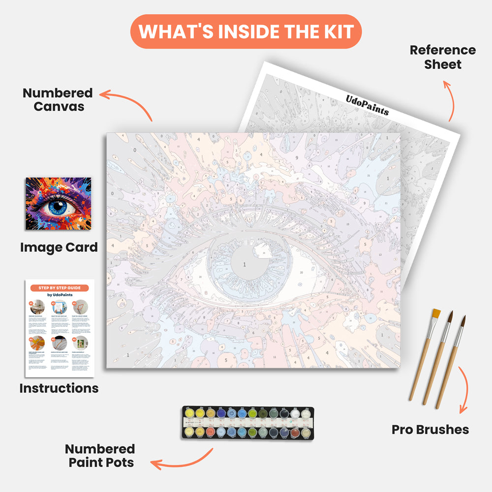 Colorful Eye Explosion Paint by Numbers Kit – includes numbered canvas, paint pots, brushes, and instructions